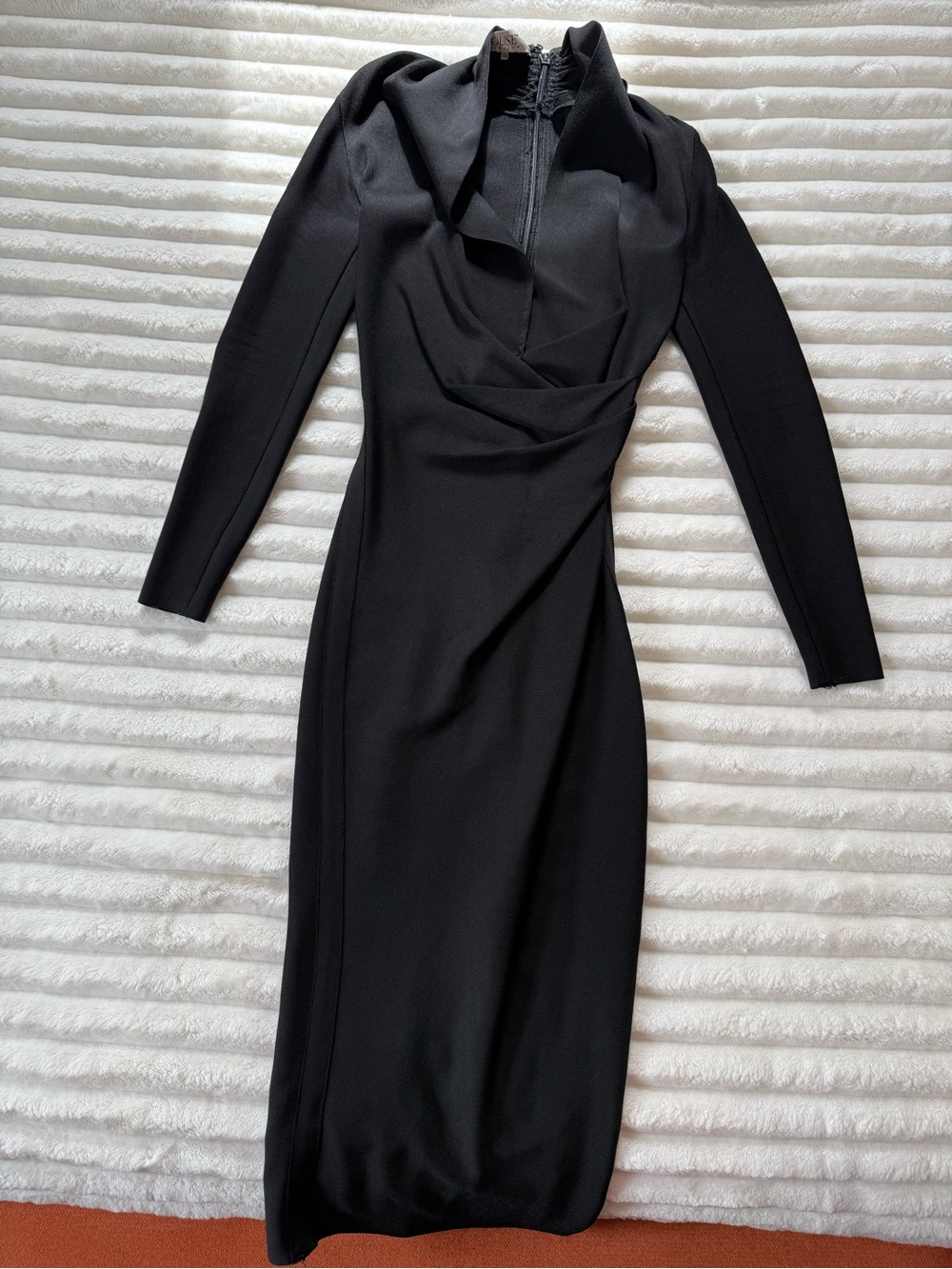 House of CB Black Long-Sleeve Draped Midi Dress